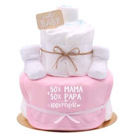Trend Mama Windeltorte Mädchen mit Spruch | 50% Mama + 50% Papa = 100% Perfekt | Babylätzchen und Babysocken | Babygeschenk zur Geburt