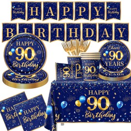 90th Birthday Decoration Men-142pcs Navy Blue and Gold Birthday Tableware Set(Serve for 20) Include Happy 90th Birthday Banner Plates Cups Napkins Tablecloth for Men 90th Birthday Party Supplies (90)