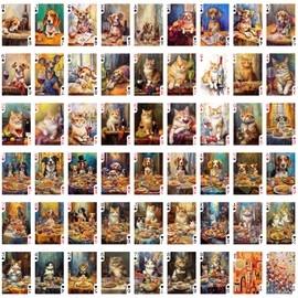 FLONZGIFT Pets Holiday Dinner Playing Cards (Poker Deck 54 Cards All Different) Cute Cats and Dogs Eating Birthday Dinner and Drinking Wine Vintage Illustration
