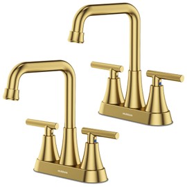 Bathroom Sink Faucet, Hurran 4 inch Brushed Gold Bathroom Faucets for Sink 3 Hole with Pop-up Drain and Supply Hoses, 2-Handle Centerset Faucet for Vanity RV Farmhouse, 2 Pack