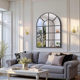 Koonmi Black Arched Window Mirror, 40"x30" Pane Mirrors, Farmhouse Decorative Grid Mirrors for Bathroom, Living Room, Bedroom, Entryway, Vanity, Fireplace, Grid Mirror Wall Decor