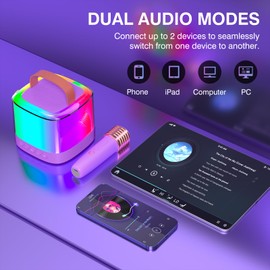 TAEMVV Mini Karaoke Machine for Kids Adults, Portable Bluetooth Karaoke Speaker with 2 Wireless Mics and LED Color Lights, Party, Christmas Birthday Gifts Toys for Girls/Boys Ages 3-12+, Purple