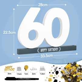 BOFUNX 60th Birthday Guest Book + Birthday Confetti + Pen Wooden Creative 60th Birthday Gift Idea for Women Men Wooden Keepsake Table Decoration