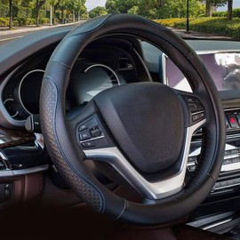 Valleycomfy Leather Steering Wheel Covers Universal 15 inch -Breathable, Anti Slip & Odor Free (Black with Blue Lines,M(14" 1/2-15" 1/4))