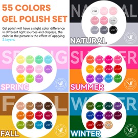 VANREESA 60 Pcs Gel Nail Polish Set, 55 Colors Gel Polish with Base Coat & 4 Effects Top Coat Full-Color Gel Polish Set All Seasons Nail Kit Gifts for Women Girls Nail Salon at Home