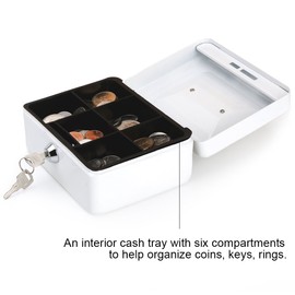 Small Cash Box with Key Lock, Parrency Portable Metal Money Box with Double Layer & 2 Keys for Security, 6 1/5" x 5" x 3", White