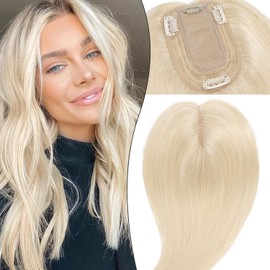 S-noilite Silk Base Real Human Hair Topper for Women No Bangs Remy Hair Toppers Hair Piece Clip In Topper Wigs for Thinning Hair/Hair Loss(14 Inch,#Platinum Blonde)