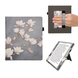 kwmobile Case Compatible with Pocketbook InkPad Eo/Bigme InkNote Color+ - Case PU Leather Cover with Magnet Closure, Stand, Strap, Card Slot - Magnolias Taupe/White/Blue Grey