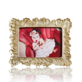Yanoayimo Gold 3.5x5 Vintage Picture Frames Golden High Definition Glass Palm Leaves Elegant Retro European Design,Antique Picture Frame for Tabletop Stand or Hanging