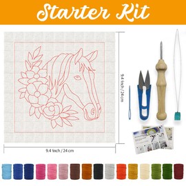 ACRNIGHEET 2Pcs Horse Punch Needle Kits for Adults Beginners, Include Instructions, Punch Needle Embroidery Kit, Pre-Printed Horse and Flower Pattern, Frame, Yarns, Sewing Needles, Exquisite Gifts