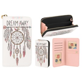 Dream Away Women's Zip Around Wallet Purse – Boho Dreamcatcher Design – PU Leather Clutch Style with Card Holders, ID Windows, Coin Pocket – Pink Interior
