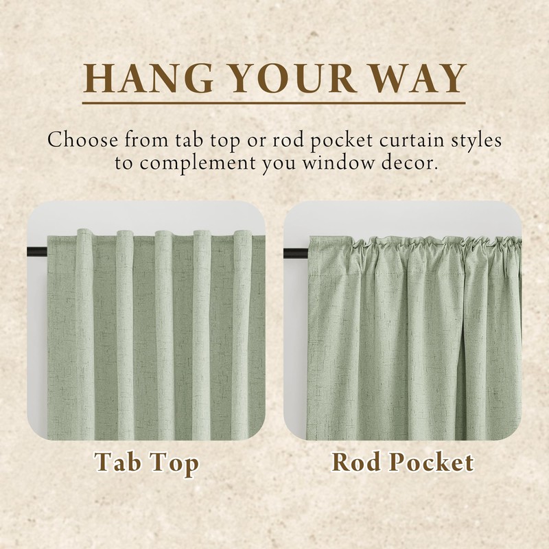 RYB HOME 100% Blackout Sage Green Linen Curtains, Light &