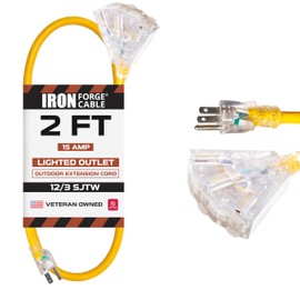 Iron Forge Cable 2 Foot Lighted Outdoor Extension Cord with 3 Outlets - 12/3 SJTW Heavy Duty Yellow Extension Cable 3 Prong - Multiple Outlets