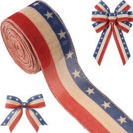 Patriotic Ribbon Wired 2.5 Inch x 10 Yards Red White and Blue Burlap Ribbon Stars Stripes Rustic for 4th of July Wreath Bow Making