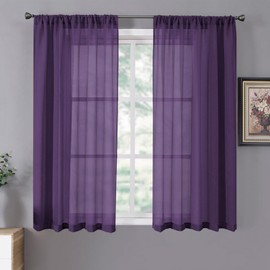 Tollpiz Short Sheer Curtain Linen Textured Living Room Curtains Sheer Light Filtering Rod Pocket Voile Curtain for Bedroom, 42 x 54 inches Long, Royal Purple, Set of 2 Panels
