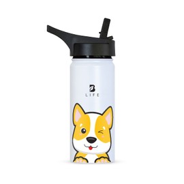 Botella de Agua para Niños Resistente con Popote y Asa, Termo de Perrito de 532 ml para Bebidas Frías y Calientes más Tiempo y Sin Fugas. Dog Kids Water Bottle. B Life