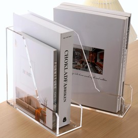 HeZone Acrylic Magazine Rack File Holder Desk Organizers and Storage 2-Pack Small Clear Acrylic Vertical Magazine Holder Book Stand for Office Desk