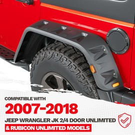 ECOTRIC Fender Flares w/LED Side Maker Compatible with 2007-2018 Jeep JK Wrangler 2/4 Door Model Unlimited Rubicon Unlimited, Pocket-Riveted Style Smooth Matte Black Wheel Flares Cover 4Pcs