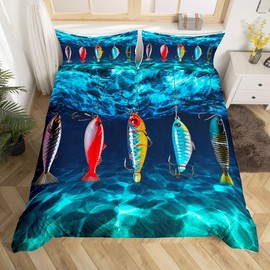 Castle Fairy Lure Fishing Full Size Duvet Cover Set,Fisherman Fishing Tackle Bait Comforter Cover with 2 Pillowcases,3pcs,Fish Outdoor Sports Polyester Bed Spread for Boys Teens Bedroom Decor