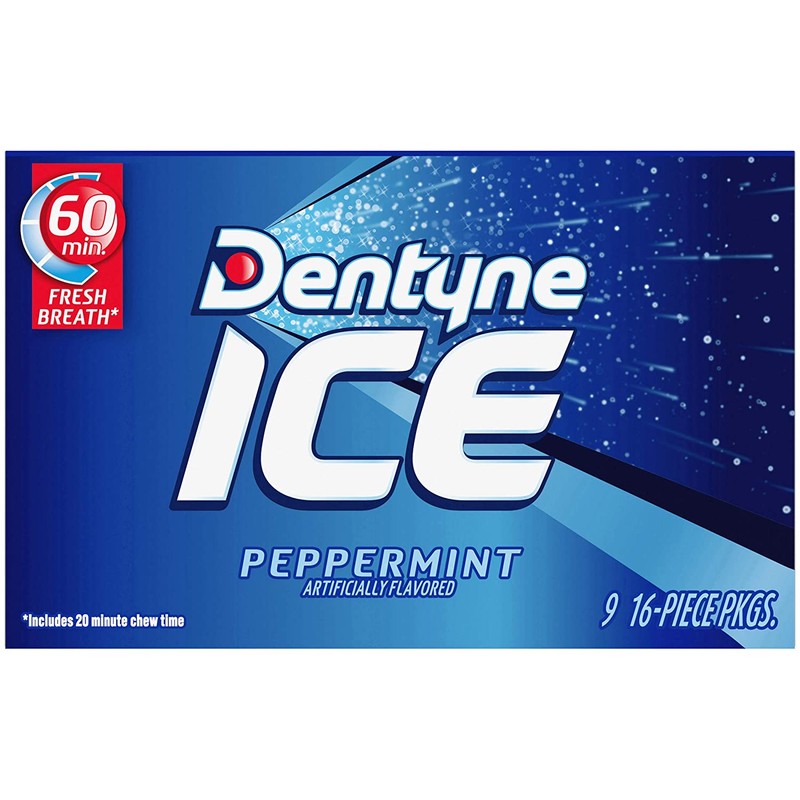 Dentyne Ice Peppermint Sugar Free Gum, 9 Packs of 16