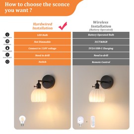 Shenmoyl Vintage Battery Operated Wall Sconce with White Tulip Glass Lampshade Wireless Rechargeable Battery Powered Black Wall Light with Remote Control for Bedside Bedroom Doorway
