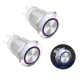 Ohamtes Latching Push Button Switch 12V 24V Waterproof Stainless Steel Metal 3/4" Mounting Hole Blue LED SPST Switch for Electrical Equipment, 2 Pcs, Flat Round