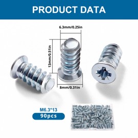 VooGenzek 90 PCS M6.3 * 13 mm Euro Screws, Countersunk Head Furniture Screws, Screws for Drawer Rails, for Kitchen Cabinets Doors Wardrobes, Cupboard Hinges