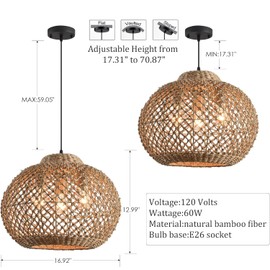 Teru Ji Kaikang 17" Rattan Pendant Light 3-Light Hand Woven Wicker Seagrass Hanging Light Boho Water Plants Rattan Chandelier for Dining Living Bedroom Kitchen Farmhouse