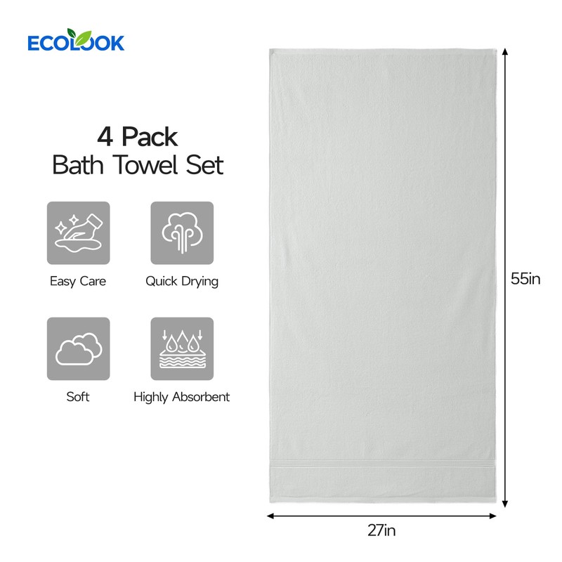 ecolook Bath Towels Set of 4,100% Cotton,27 x 55 Inches,Quick-Drying