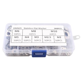 HALJIA 360 Pieces Flat Washers, 8 Sizes Penny Stainless Steel Washers, O Ring Washers Assortment Set, Locking Washers (M2 M2.5 M3 M4 M5 M6 M8 M10)