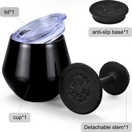Siyaluens Stainless Steel Wine Tumbler with Detachable Stem, 14oz Insulated Wine Glasses with Lid & Anti-Slip Base, Multi-Functional Cup for Gift Party Outdoor Travel Home Use (Black)
