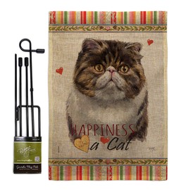 Cat Exotic Short Hair Happiness Burlap Garden Flag Set with Stand Animals Kitten Meow Spoiled Paw Fur Pet Nature Farm Animal Creature Small Gift Yard House Banner Double-Sided Made In USA 13 X 18.5