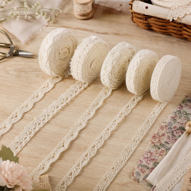 5 Rolls Cotton Lace Trim, Beige Lace Ribbon 25 Yards