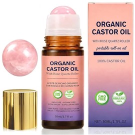 Organic Castor Oil Roll-On with Rose Quartz Roller, 100% Pure Cold-Pressed Castor Oil for Nails, Hair and Skin 1.7 Fl.OZ (50ml)