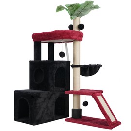 Gitelsnour Cat Tree, Heavy Duty Cat Tower for Indoor Cats, Large Bottom Cat Condo for Maine Coon with Self Groomer Brush, Big Padded Top Perch, Scratching Post, Hammock, Black and red GCT011BR