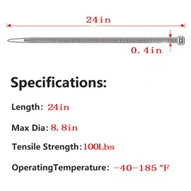 JEMLYD 24 Inch Heavy Duty Zip Ties – 50 Pack UV Resistant Extra Large Cable Ties, 180 LBS Tensile Strength – Self-Locking Industrial Wire Ties for Indoor & Outdoor Use (24 x 0.4 inch 50 Pack)