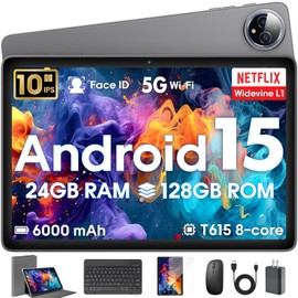 Android 15 Tablet 10 inch,24GB RAM 128 ROM,Tablets with Keyboard Case Mouse Stylus,1TB Expandable,Octa-Core 6000mAh 1280x800 IPS HD,5G WiFi,T615 CPU,High Performance,Processor,Dual Camera(Gray)