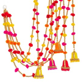 Indian Handmade Pom Pom Garland bells 4 feet approx pack of 5 garlands mixed colours diwali christmas festival eid occasions (Yellow)