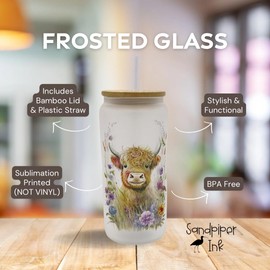 20oz Frosted Glass With Bamboo Lid and Plastic Straw - Western (Highland Cow #1, 20oz)