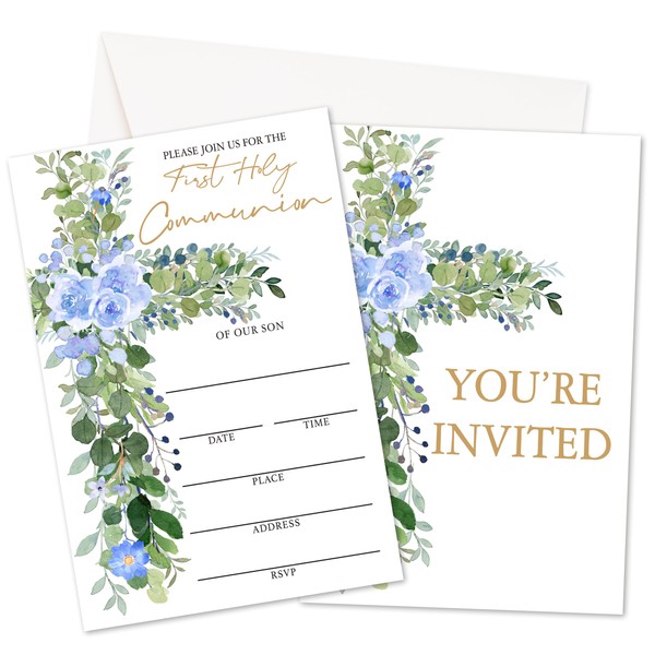 HMJKL First Communion Invitations, Greenery Floral Baptism Invitations With Envelopes