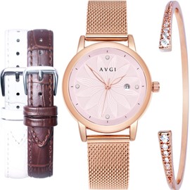 AVGI Women's Date Waterproof Watch with Replacement Band, Gold+White+Purple+Bracelet, Classic