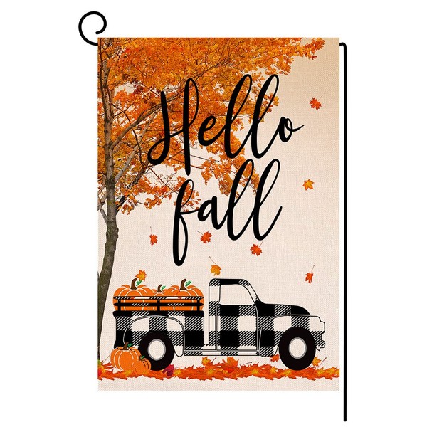 JIMOWANG Fall Pumpkin Buffalo Truck Burlap Garden Flag Double Sided