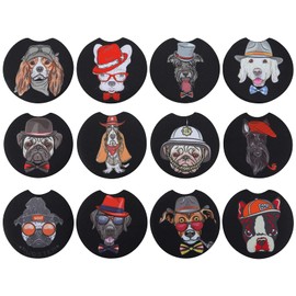FUN LAVIE 12 Pack Car Coasters for Cup Holders – Cute Absorbent Ceramic Car Accessories for Women Interior, Coaster Set for Drinks with Finger Notch, Stylish Cup Holder Inserts - Hat Dog Series