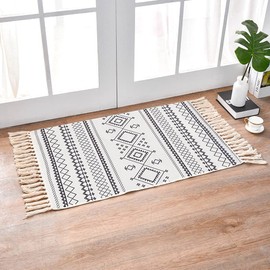INKARO Cotton Rugs with Tassel, Woven Cotton Throw Rug Runner for Kitchen, Living Room, Bedroom, Laundry Room, Entrance Area (60 x 90 cm, White Diamond)