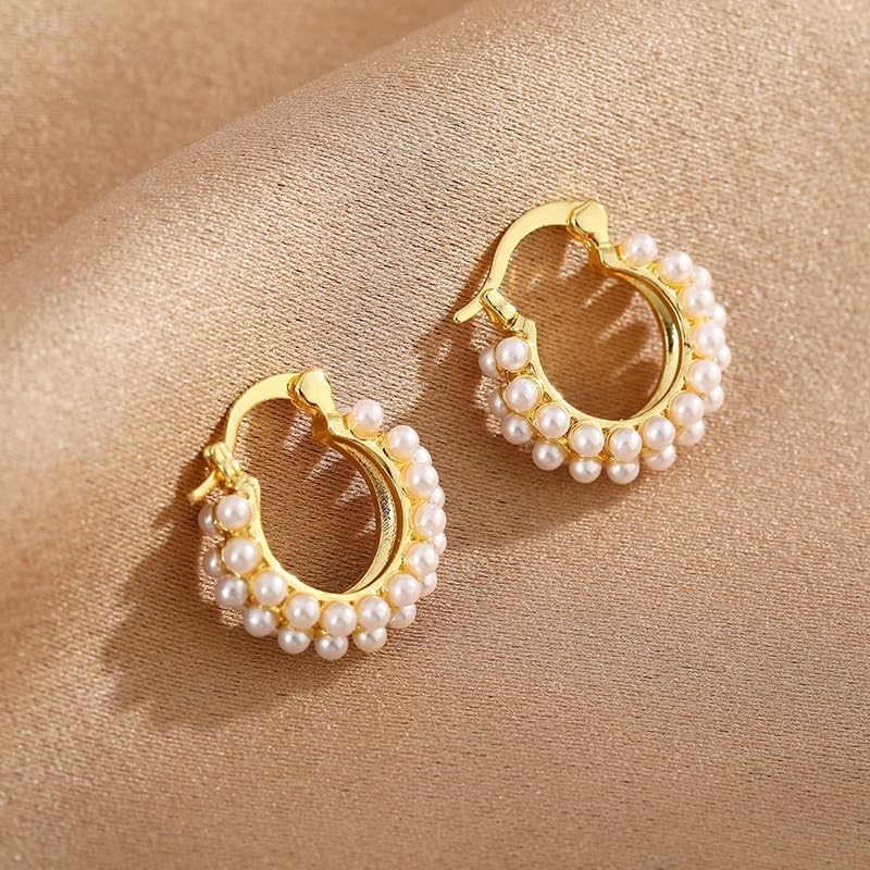 Pearl Earrings for Women, Trendy Pearl Gold Plated Chunky Hoop