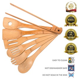 BlauKe® Wooden Kitchen Utensils Set of 7 – Bamboo Cooking Utensils for Non-Stick Cookware – Wooden Spatulas for Cooking, Wooden Spoons, Tongs