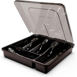 Silverware Tray with Lid, Utensil Drawer Organizer for Kitchen Countertop Plastic Flatware Organizers and Storage holder 5 Compartments White - Color: black