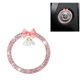 Bling Diamond Car Engine Start Stop Button Decoration Ring, Crystal Rhinestone Push to Start Button Cover Knob Ring with Cute Bow, Bling Ring Emblem Key Ignition Starter Sticker for Women (Pink)