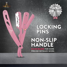 The Cut- Factory- Straight Razor with 20 Pack Platinum Treat Single Blade Razors for Men- Professional Barber Straight Edge Razor for Close Shaving 100 Percent Stainless Steel, Pink