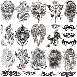 16 Sheets Black Realistic Temporary Tattoos for Men and Women, Half Arm Waterproof Temp Tattoo Stickers Adults, Hand and Body Art Dragon Flower